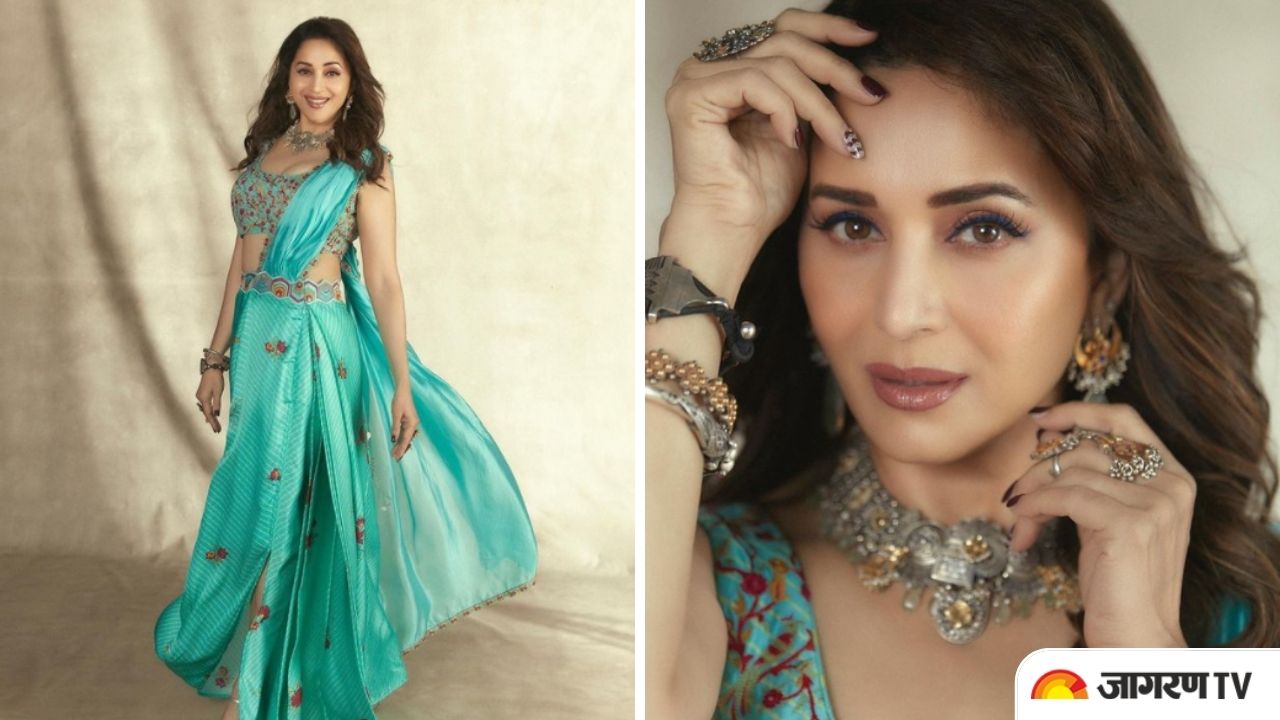 Madhuri Dixit in Blue Saree with Red Bol - Khantil India - 213225