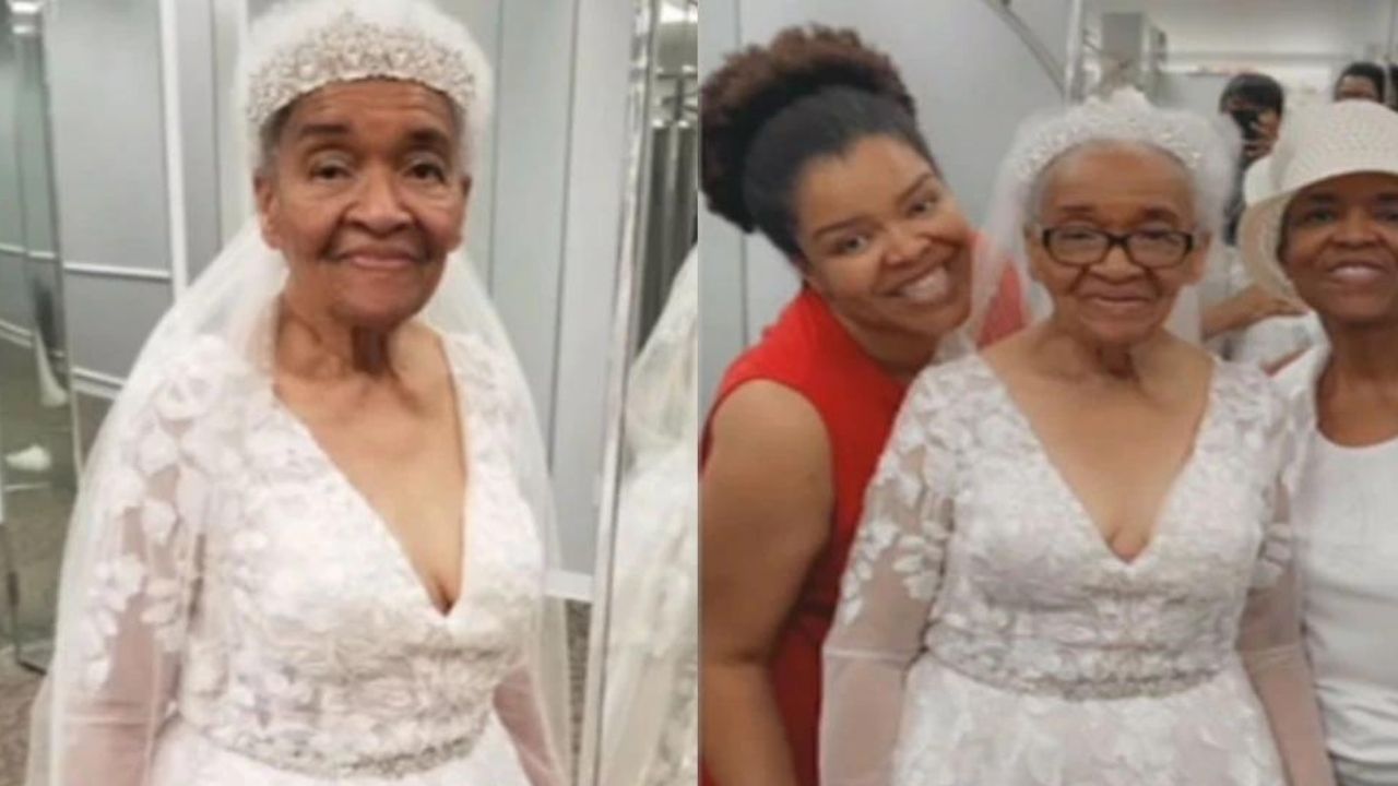 94-year-old woman tries on white wedding gown for the first time