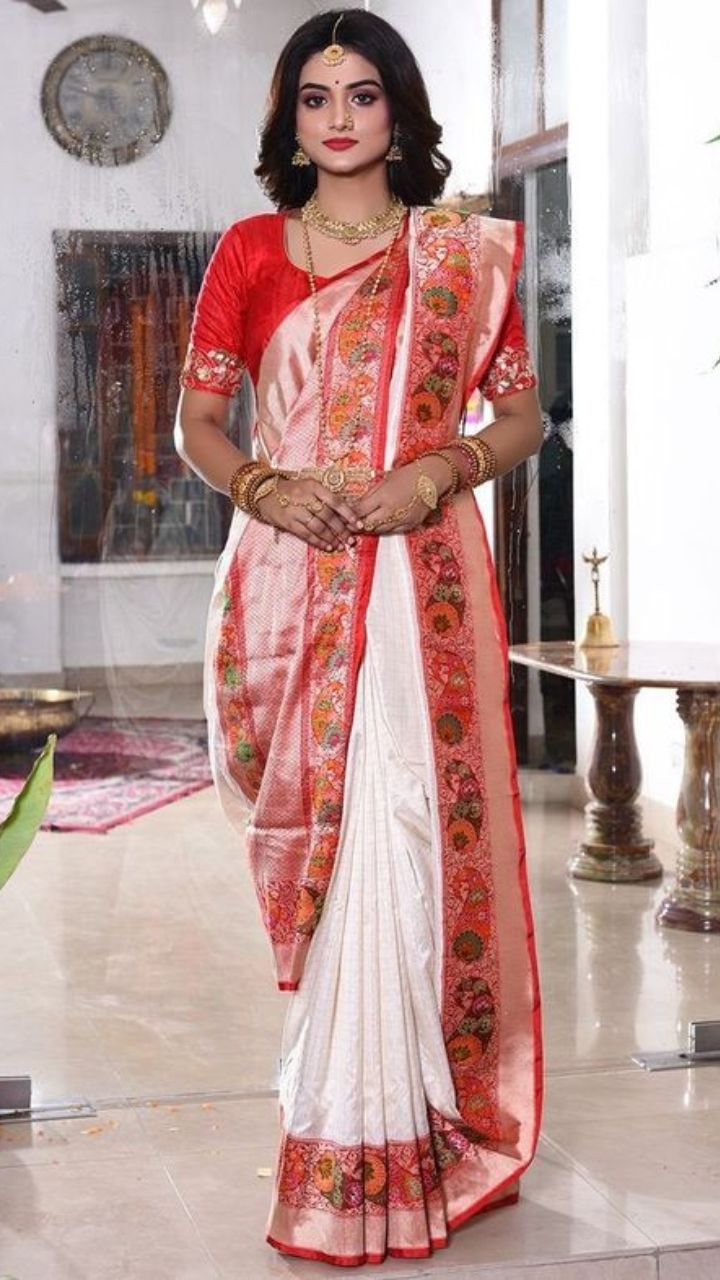 Traditional Bengali saree look | Bengali saree, Saree look, Red and white  saree